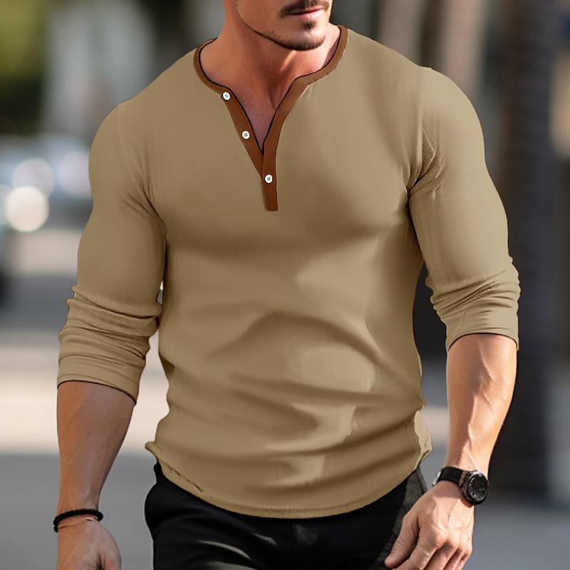Herren T Shirt Henley Hemd T-Shirt Langarmshirt Langarm Henley Frühling & Herbst Einfach Grubenstreifen Mode Designer Basic Urlaub Straße Ausgehen Weiß Blau Braun Top T-Shirt für Herren 2025 - $18.99 –P3