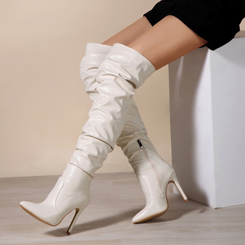 Women's Boots Slouchy Boots Heel Boots Outdoor Work Daily Solid Color Over The Knee Boots Thigh High Boots Winter Stiletto Heel Pointed Toe Elegant Fashion Classic PU Zipper Black White 2023 - AED 279 –P10