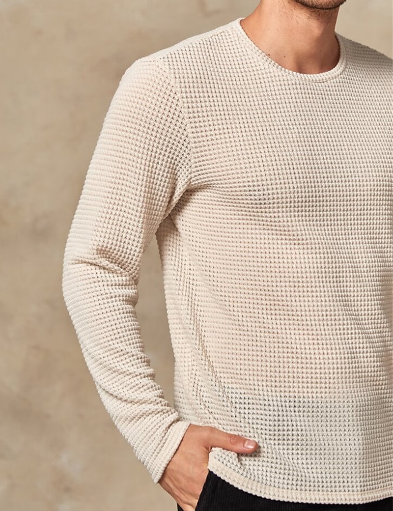 Herren Waffel-T-Shirt Waffelhemd T Shirt T-Shirt Langarm Rundhalsausschnitt Frühling & Herbst Einfach Mode Designer Basic Urlaub Straße Ausgehen Beige Top T-Shirt für Herren 2026 - $23.99 –P4