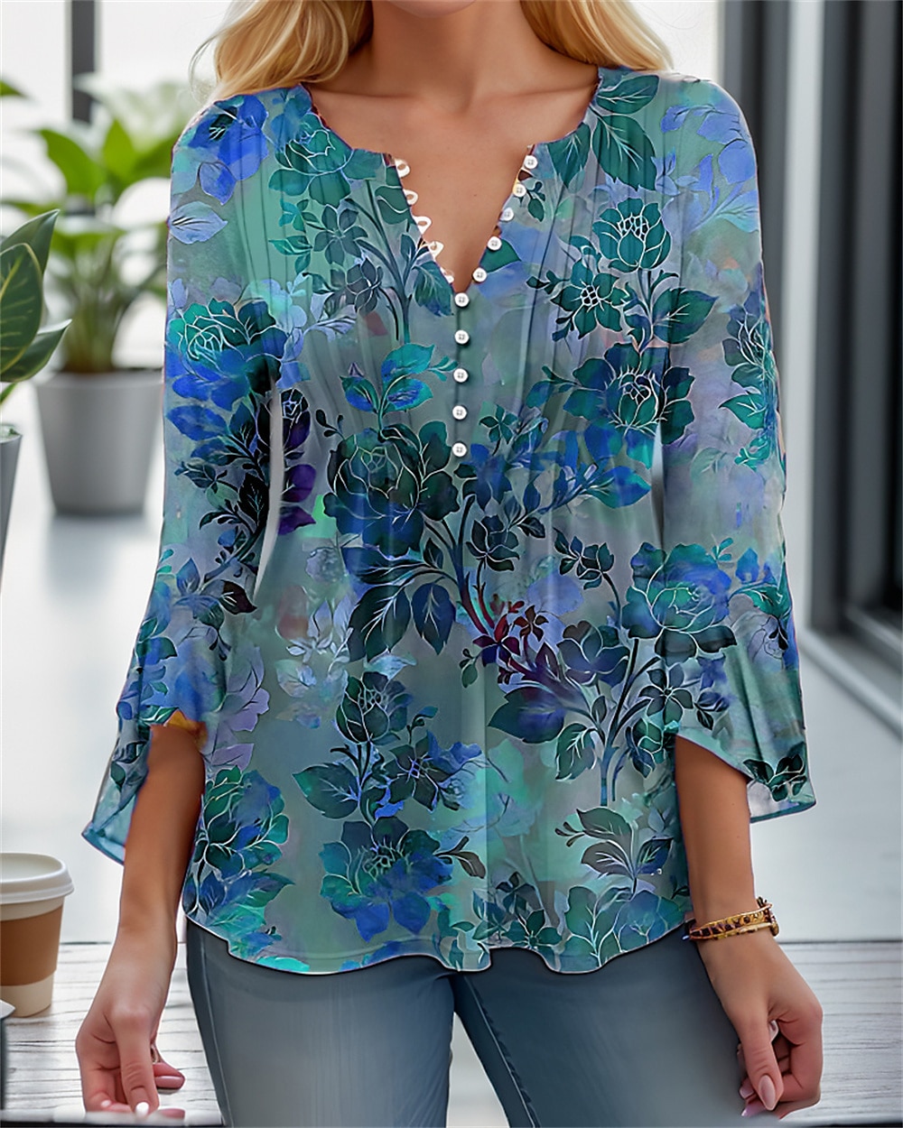 Γυναικείο T Shirt Henley Μπλούζα Μόδας Λουλουδάτη Κουμπιά Εκτύπωση 3/4 Μήκος Μανίκι Κανονικά Τοπ Στρογγυλή Λαιμόκοψη Casual Διακοπές Κόκκινο Μπλε Μωβ Πράσινο Άνοιξη  Φθινόπωρο 2026 - $26.99 –P3