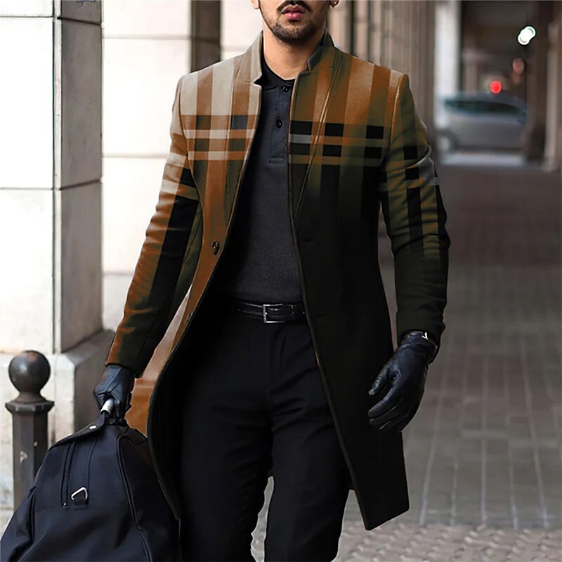 Mens Graphic Jacket Plaid Business Casual Coat Work Wear To Going Out Fall & Winter Stand Collar Long Sleeve Blue Brown Gray Xl Polyester Wool 2024 - $41.99 –P2