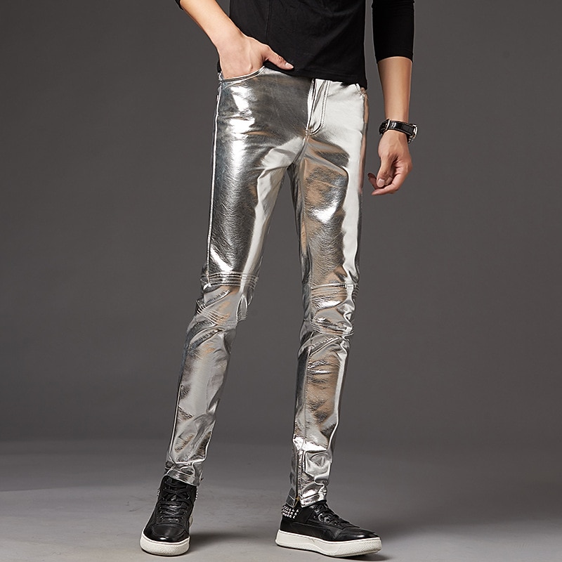 Męskie Rurki Spodnie Spodnie ze sztucznej skóry Spodnie codzienne Niejednolita całość Kieszeń Jednokolorowe Komfort Lekki Impreza Kij Streetwear Moda miejska Elegancki Czarny Złota 2026 - $26.99 –P3