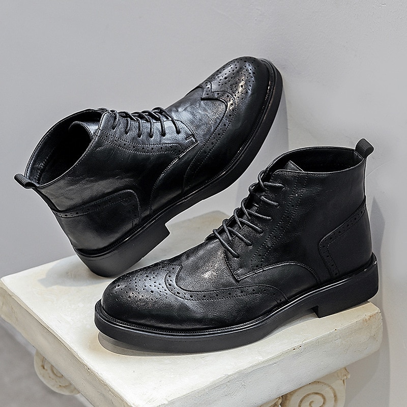 Botines brogue de cuero negro para hombre: botas clásicas de vestir con cordones y punta de ala para uso formal e informal. 2025 - $64.99 –P3