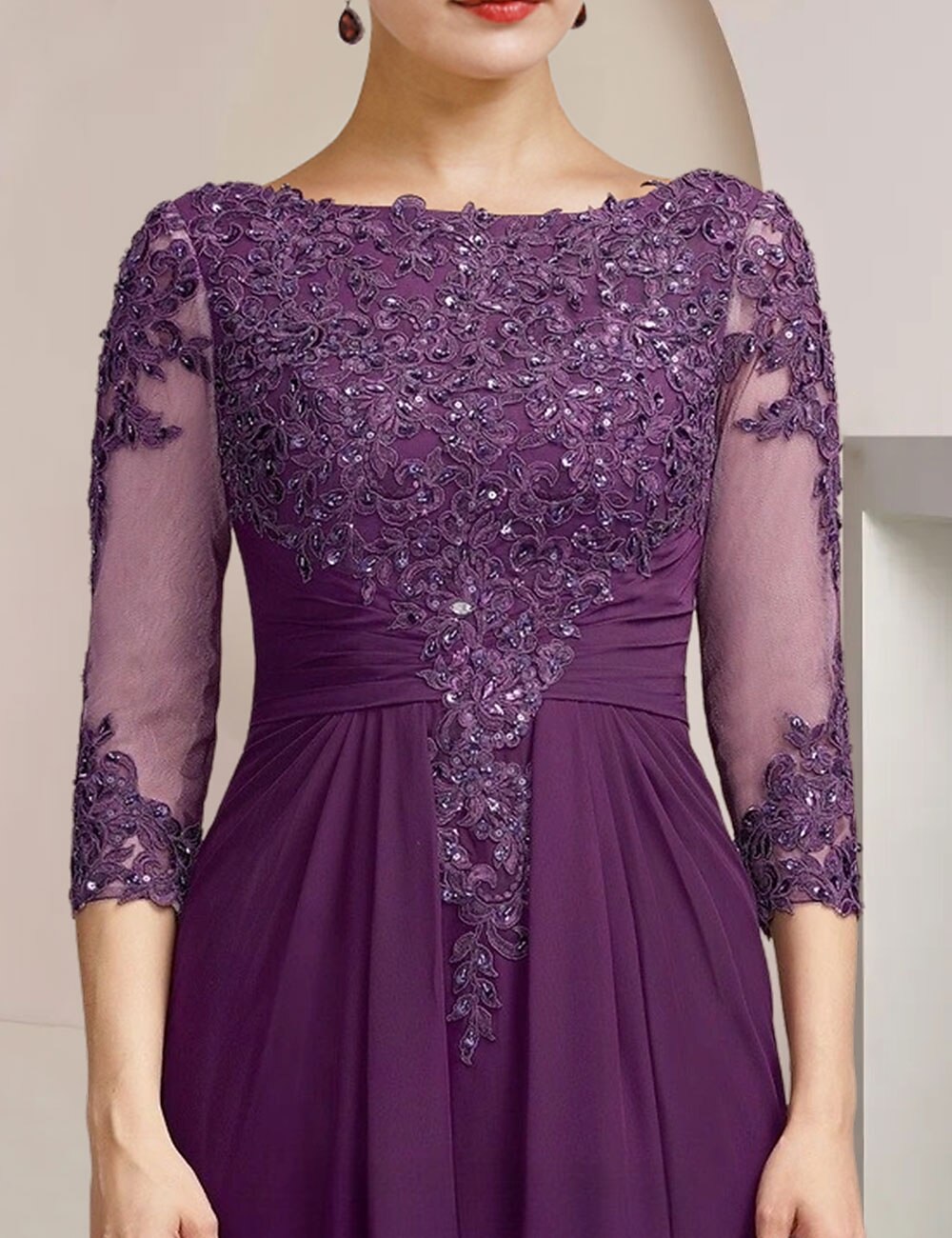 Schnitt Brautmutterkleid Formeller Hochzeitsgast Elegantes Funkeln Juwelenausschnitt Asymmetrisches Bodenlänge Chiffon Spitze 3/4-langer Ärmel mit Paillettenapplikationen kostenlose Maßanfertigung 2025 - $178.99 –P1