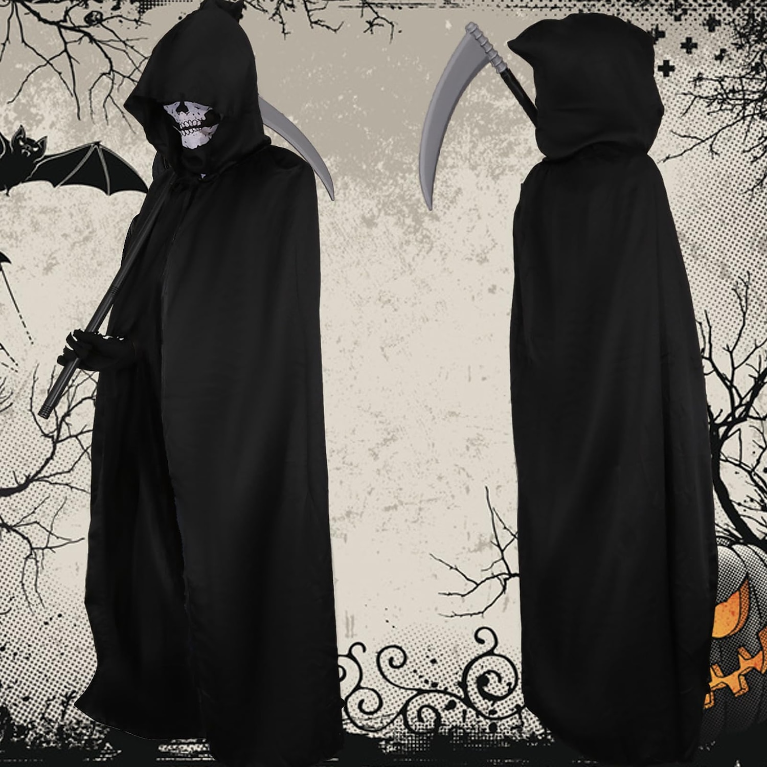 Halloween Grim Reaper Costume Skeleton Skull Outfits 4 PCS Cape with Hood Cloak Plastic Scythe Skull Mask Easy Halloween Costumes Carnival for Men Adults 2025 - $25.99 –P3