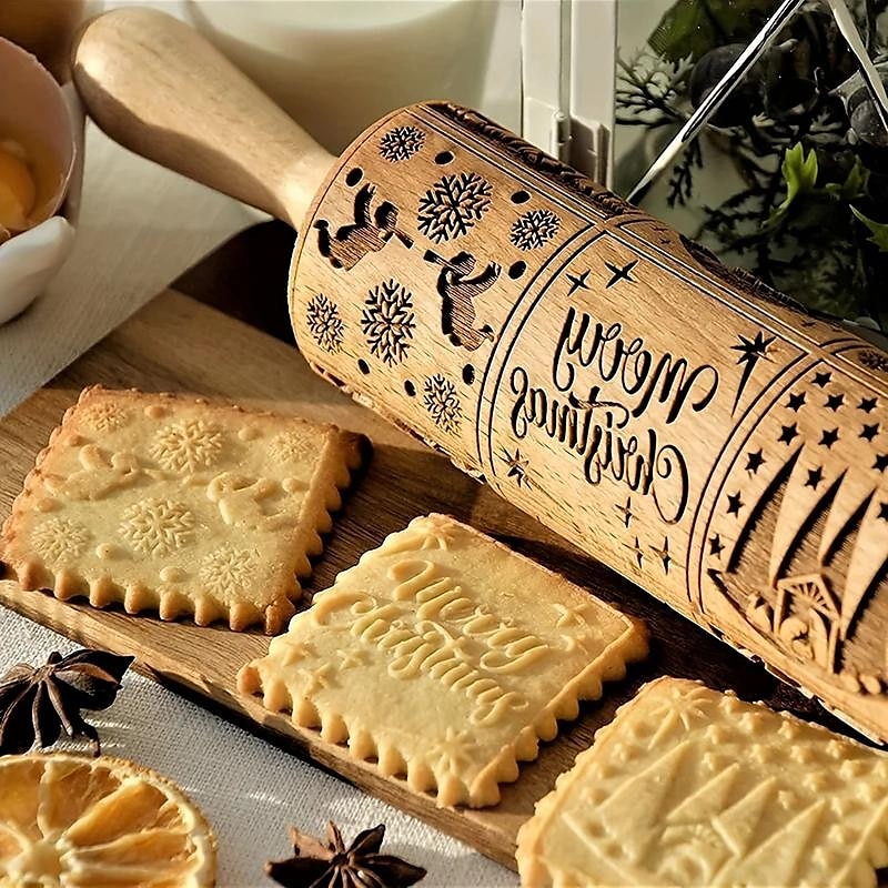Weihnachts-Nudelholz, Krippenprägemuster, Weihnachts-Holzkrippe mit 3D-Gravur und Jesusmotiv zum Plätzchenbacken 2025 - $11.99 –P2