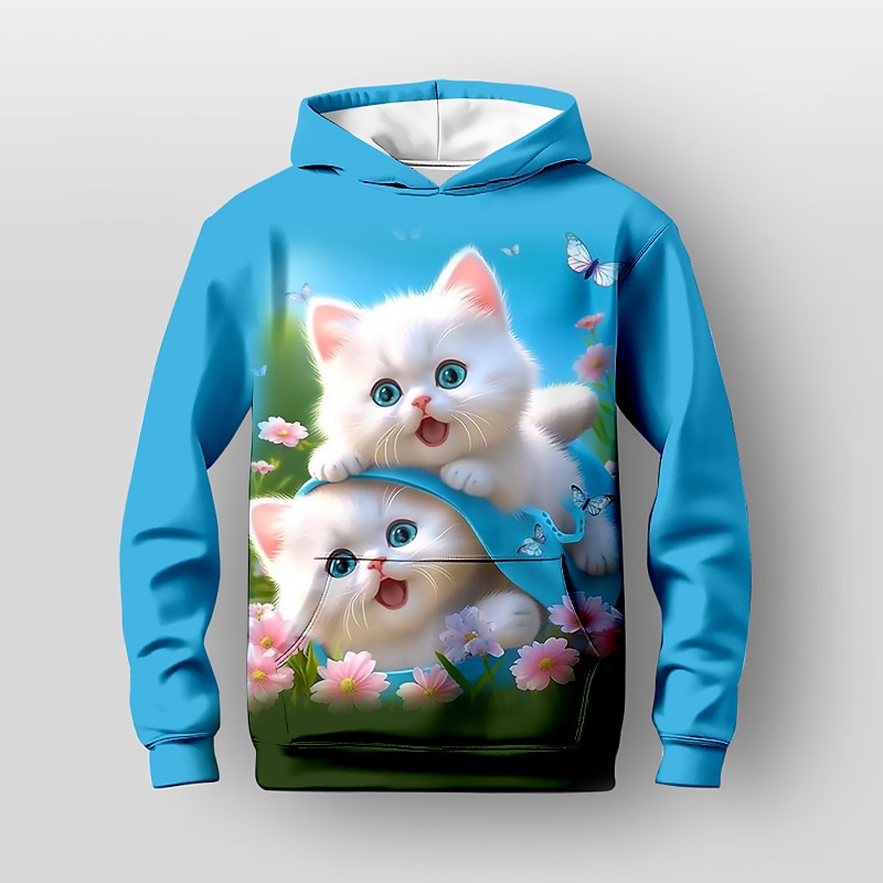 Flickor 3D Blommig Tecknat Katt Huvtröja Långärmad 3D-tryck Höst Vinter Aktiv Mode söt stil Barn 3-12 år Utomhus Ledigt Dagligen Normal 2025 - $18.99 –P5