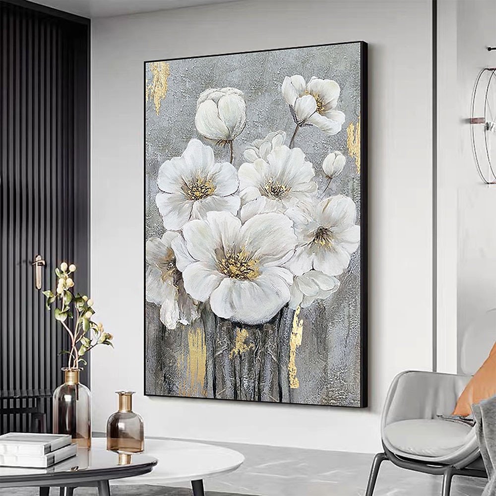 Handgefertigtes handgemaltes Ölgemälde an der Wand, abstraktes Ölgemälde mit weißen blühenden Blumen auf Leinwand, originales goldenes Blumen-Acrylgemälde, modernes großes Wandkunst-Dekor, gerollte 2025 - $77.99 –P2