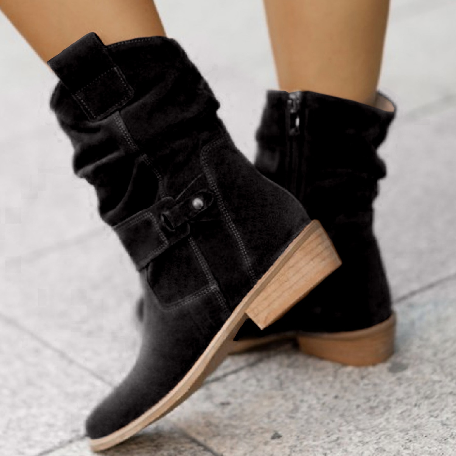 Women's Casual Beige Faux Suede Slouchy Ankle Boots with Buckle Detail - Perfect for Everyday Wear, Autumn Outings, and Casual Gatherings 2025 - $54.99 –P4