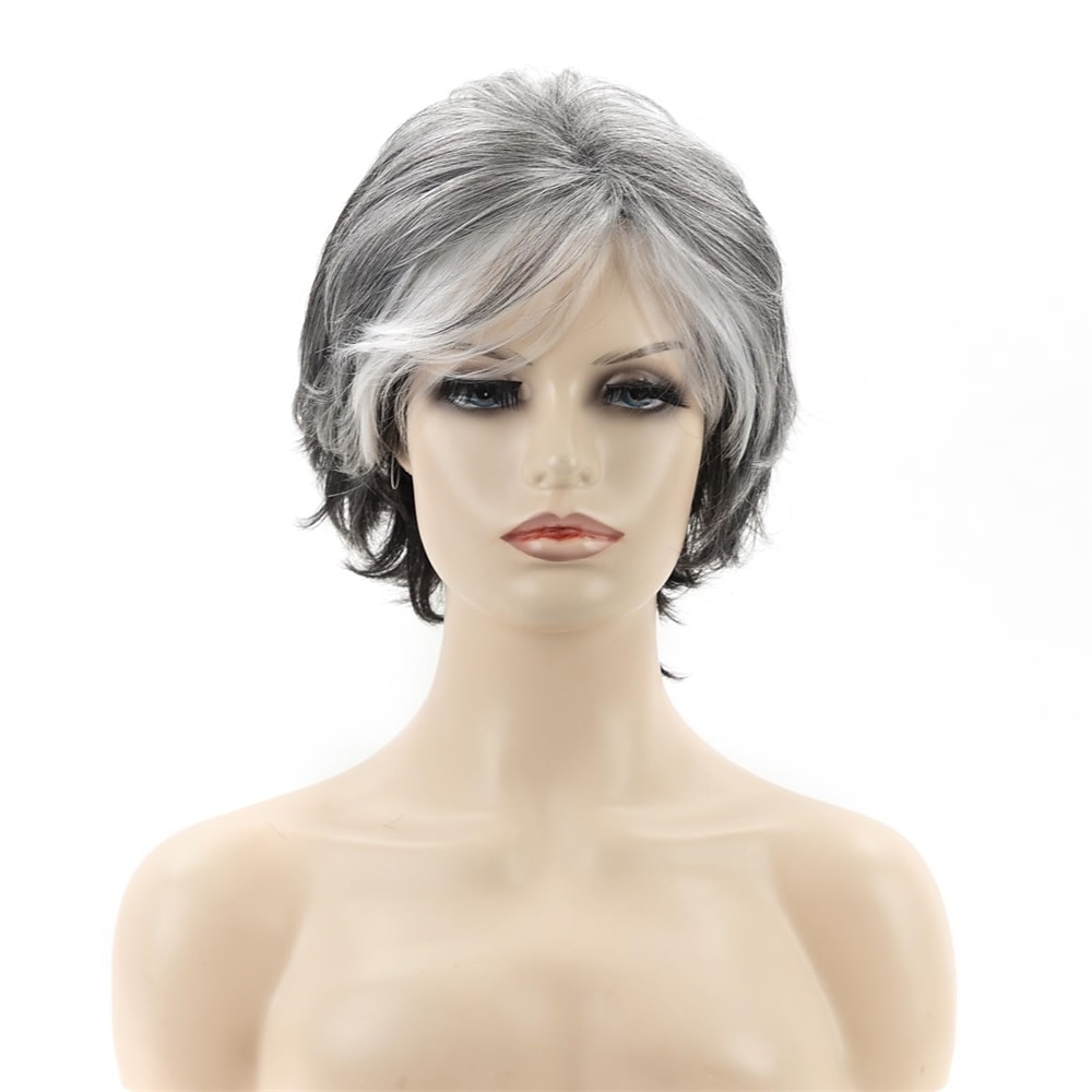Short Grey Pixie Cut Wigs for Women layered Synthetic Hair Mixed Gray Wig with White Bangs Natural Wavy Wigs for Old Lady 2025 - $24.99 –P8