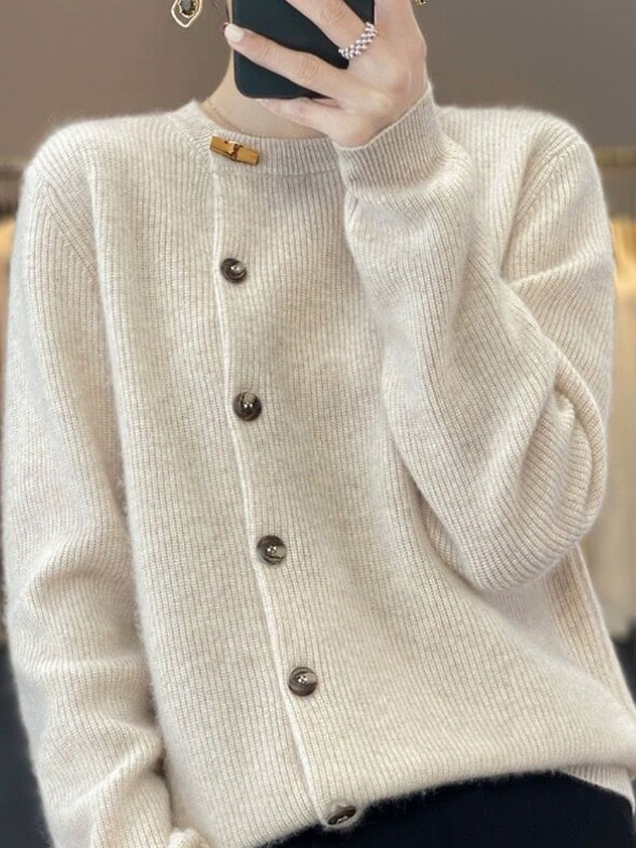 Women's Cardigan Sweater Crew Neck Ribbed Knit Polyester Patchwork Button Fall Winter Regular Daily Going out Weekend Stylish Casual Soft Long Sleeve Solid Color Black Beige Gray S M L 2023 - US $31.99 –P1