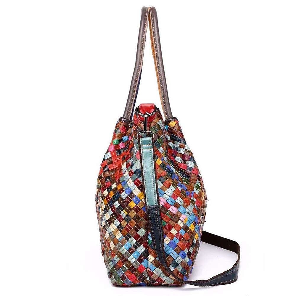 bolsa tote feminina de couro trançado multicolorido com alças duplas e estilo boho patchwork, bolsa de ombro grande para viagens, eventos de arte e uso diário casual de 2026 por $99.99 –P3