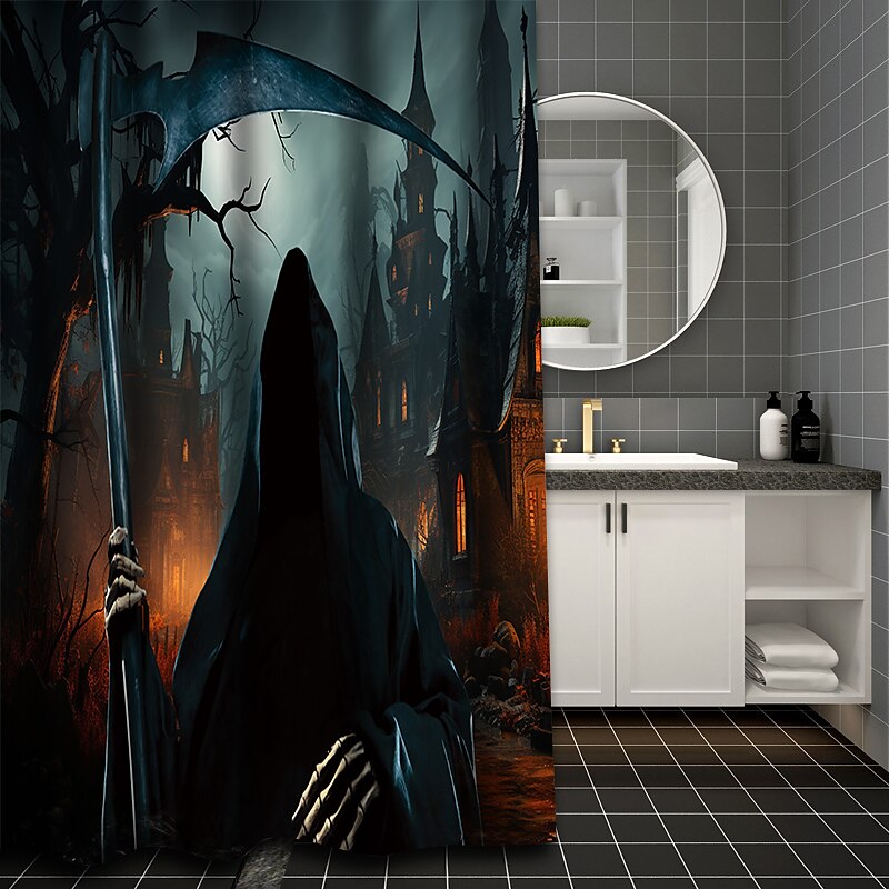 Cortina de chuveiro de terror de Halloween com ganchos para cortina de chuveiro de banheiro conjunto de decoração de banheiro de poliéster à prova d'água 12 pacotes de ganchos de plástico decoração de de 2025 por $19.99 –P11