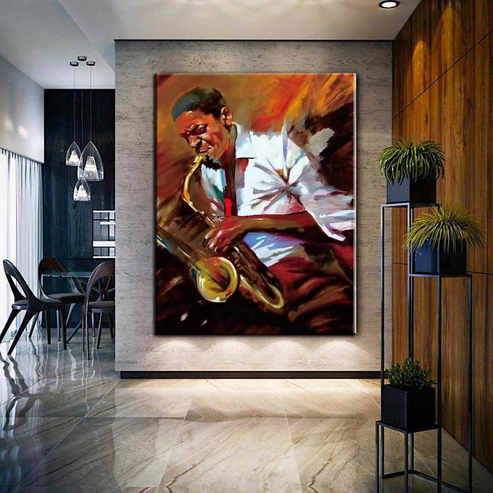 Handgefertigtes Jazz-Figurengemälde, modernes, feines Kunstwerk, die neueste Hoteldekoration, handgemaltes Musiker-Jazzspieler-Ölgemälde, Wandkunst, Studio-Dekor, Geschenk für Dekor, gerollte Leinwand 2025 - $77.99 –P1