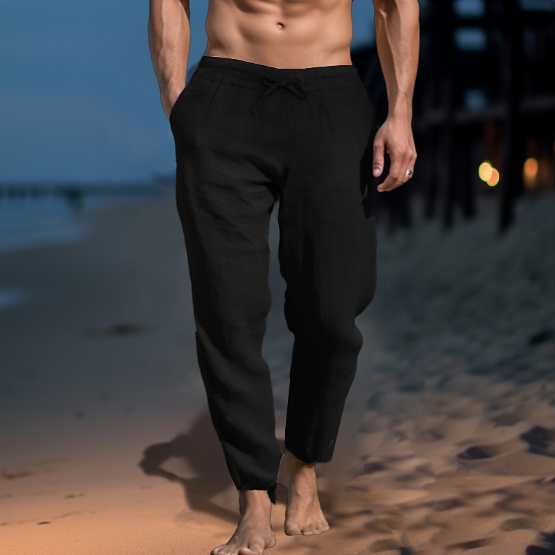 Men's Linen Pants Trousers Summer Pants Beach Pants Pocket Drawstring Elastic Waist Plain Comfort Soft Daily Weekend Streetwear Casual Black White Micro-elastic 2025 - $21.99 –P13