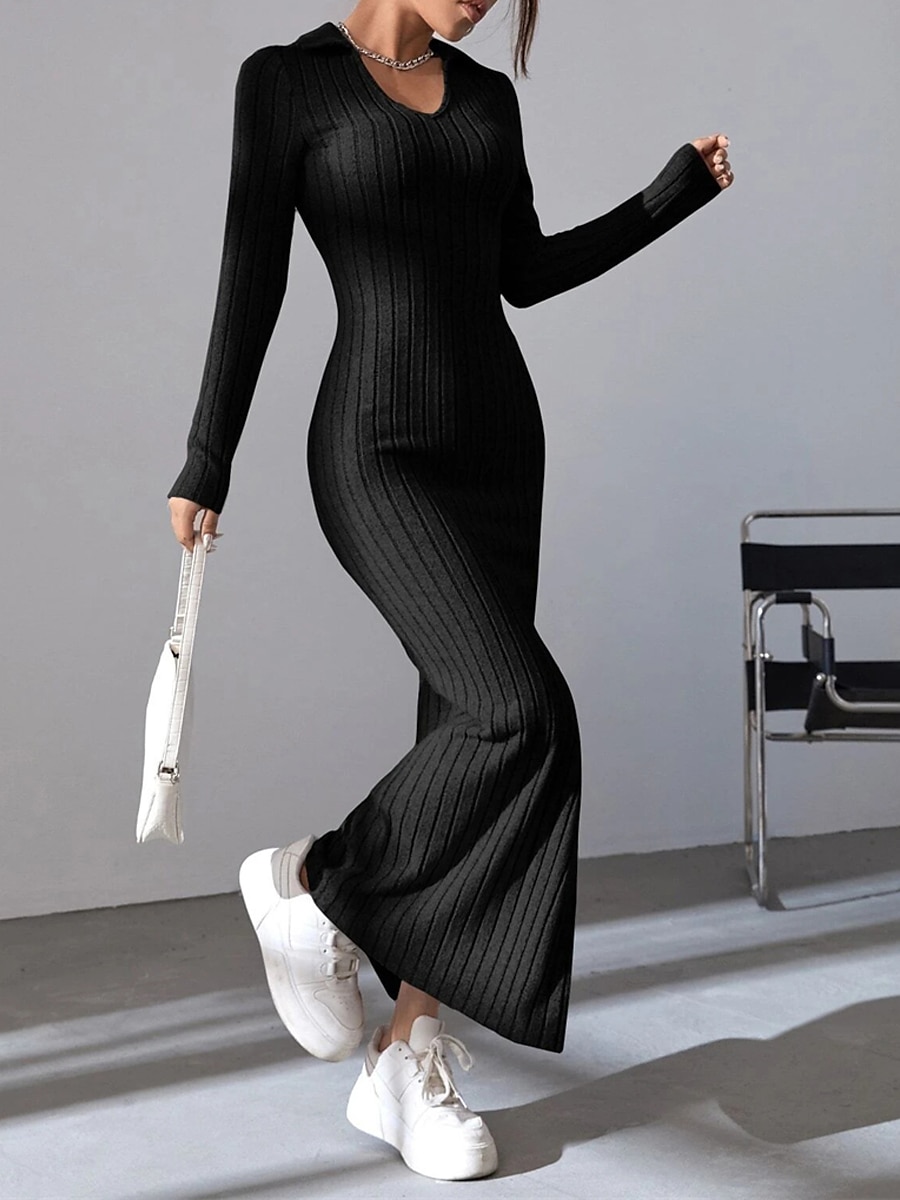 Women's Sweater Dress Winter Dress Jumper Dress Long Dress Maxi Dress Split Daily Date Going out Active Fashion V Neck Long Sleeve 2023 Slim Black Brown Color S M L Size 2023 - US $26.99 –P4