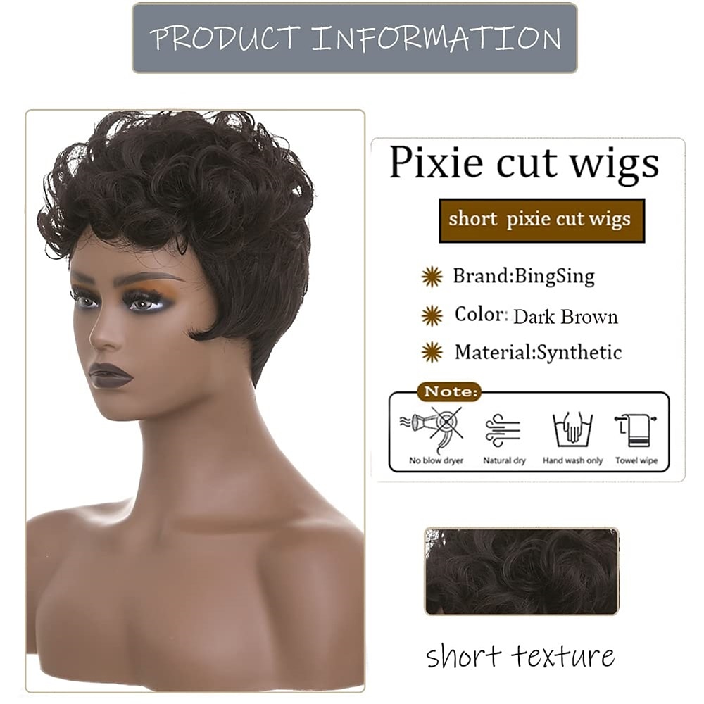 Dark Brown Short Pixie Cut Wigs for Black Women Curly Hair Replacement Short Black Layered Wavy Pixie Wigs With Bangs For Black Women 2025 - $20.99 –P6