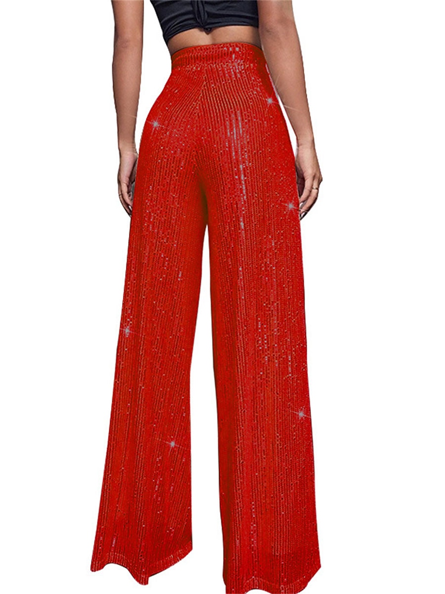 Women's Wide Leg Pants Trousers Sparkly Pants Elegant Fashion Sparkle Full Length High Waist Plain Sequins Comfy Micro-elastic Club Party Street Blue claret M beige Pink gold Summer Spring Regular Fit 2026 - $17.99 –P10