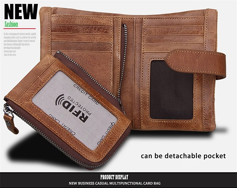 Genuine Cow Leather Splicing Short Wallet Coins Purse Money Clip Card Holder Detachable Zipper Pocket Clutch Handbag Oil Wax Leather Notecase 2025 - $27.99 –P7