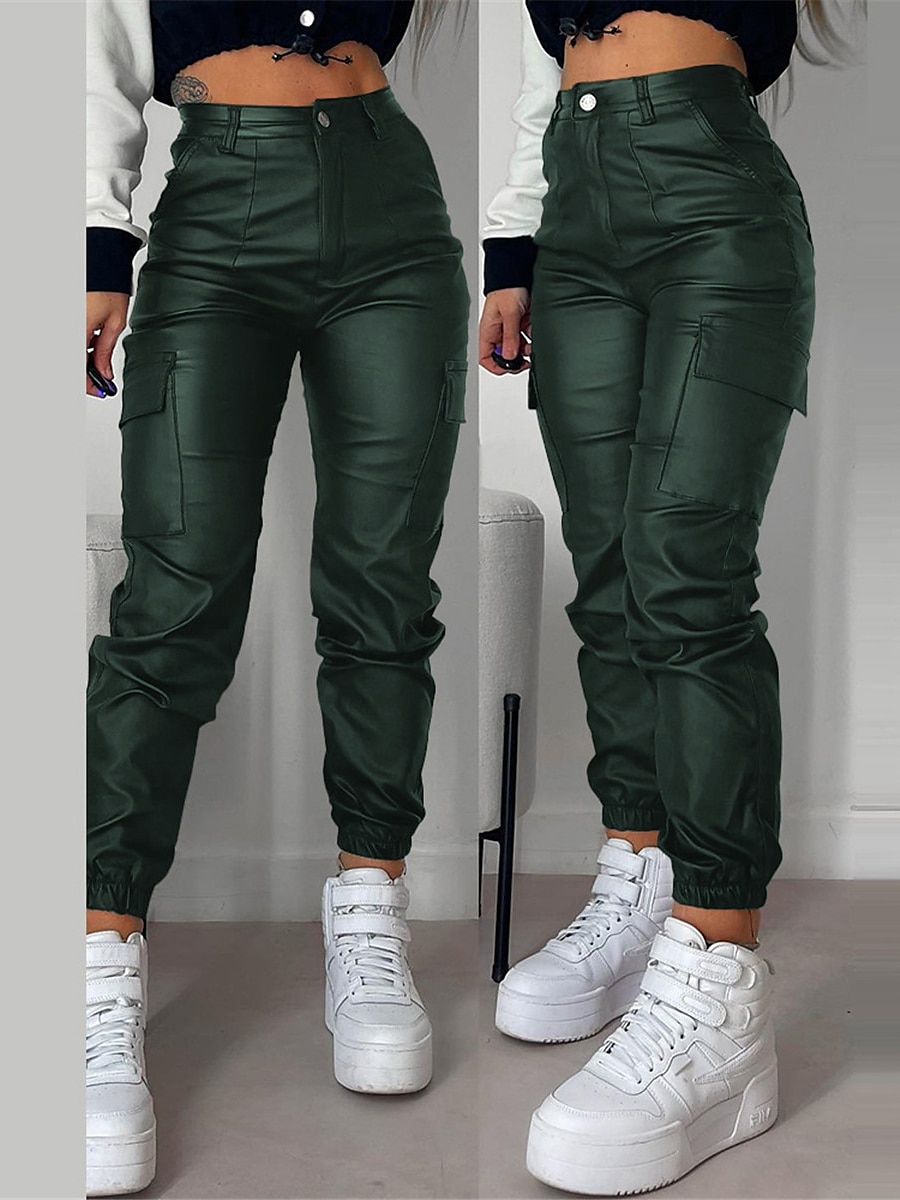 Women's Cargo Pants Maillard Slim Trousers Full Length PU Micro-elastic High Waist Fashion Streetwear Street Daily Black Red S M Fall Winter 2023 - US $44.99 –P3