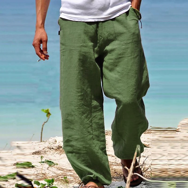 Linen Cotton Yoga Pants for Men Casual Loose Straight Leg Beach Pants  Classic Hawaiian Beach Pants