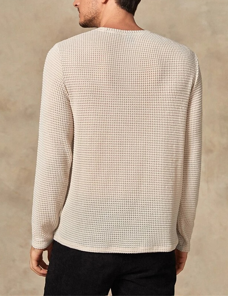 Herren Waffel-T-Shirt Waffelhemd T Shirt T-Shirt Langarm Rundhalsausschnitt Frühling & Herbst Einfach Mode Designer Basic Urlaub Straße Ausgehen Beige Top T-Shirt für Herren 2026 - $23.99 –P3