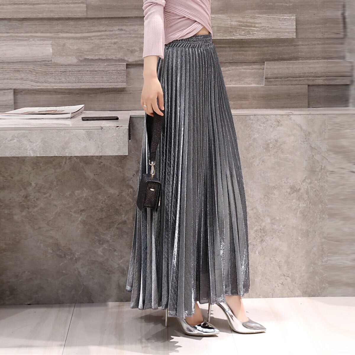 Pentru femei Fustă Linie A Leagăn Fusta lunga Elegant Modă Maxi Talie Înaltă Fuste Mată Plisată Stradă Zilnic Argintiu Roșu Vin Negru Auriu Iarnă Amestec Bumbac Catifea 2025 - $31.99 –P12