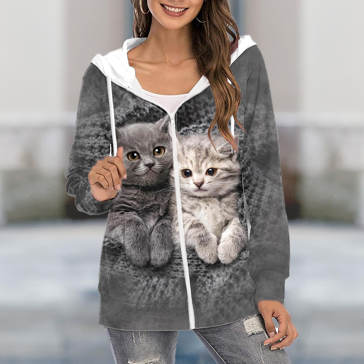 Women's Oversized Zip Up Hoodie Sweatshirt Cat Casual Sports Drawstring Zip Up Front Pocket Gray Active Sportswear Hoodie Long Sleeve Top Micro-elastic Fall & Winter 2024 - $28.99 –P1