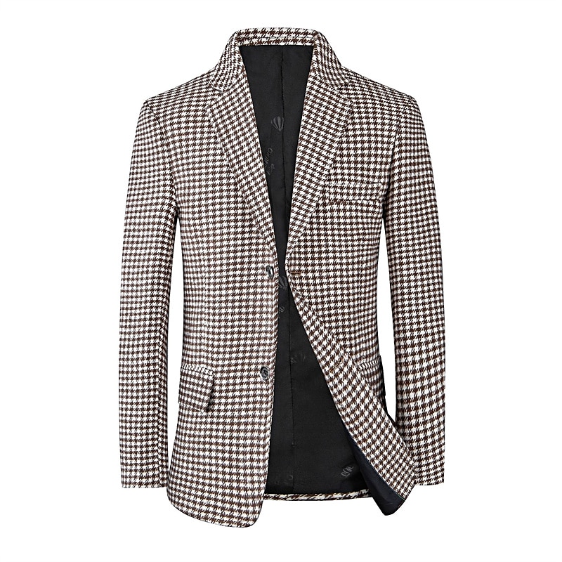Men's Cocktail Attire Blazer Business Formal Evening Wedding Party Fashion Casual Spring &  Fall Polyester Plaid / Check Geometic Button Pocket Casual / Daily Single Breasted Blazer White Camel Beige 2025 - $66.99 –P13