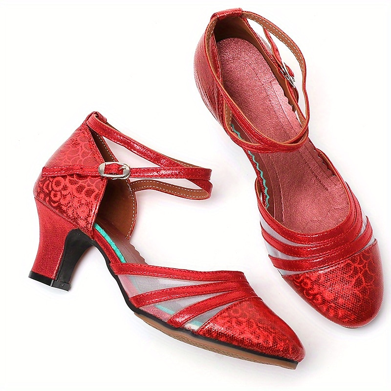 Rote Latein-Tanzschuhe für Damen – glänzende Kunstleder-Absätze mit Mesh-Einsätzen und Knöchelriemen für Standardtanz, Salsa und Auftritte 2025 - $34.99 –P7