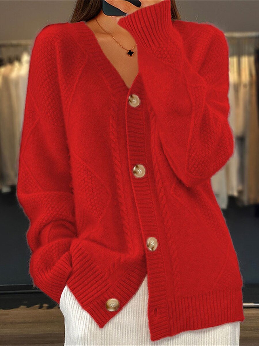 Women's Cardigan Sweater V Neck Ribbed Knit Acrylic Button Fall Winter Regular Daily Going out Weekend Stylish Casual Soft Long Sleeve Solid Color Pink Red Camel S M L 2023 - US $27.99 –P4