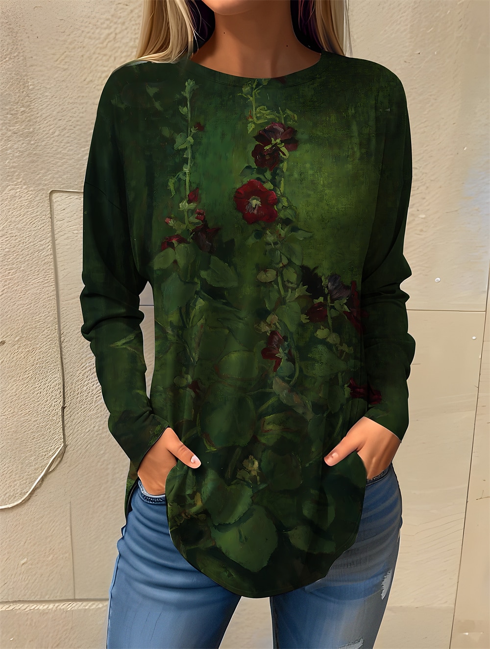 Pentru femei Tricou Floral Modă Manșon Lung Rotund Topuri obișnuite Concediu Sfârșit de săptămână Imprimeu Albastru piscină Mov Trifoi Primăvara & toamnă 2025 - $22.99 –P5