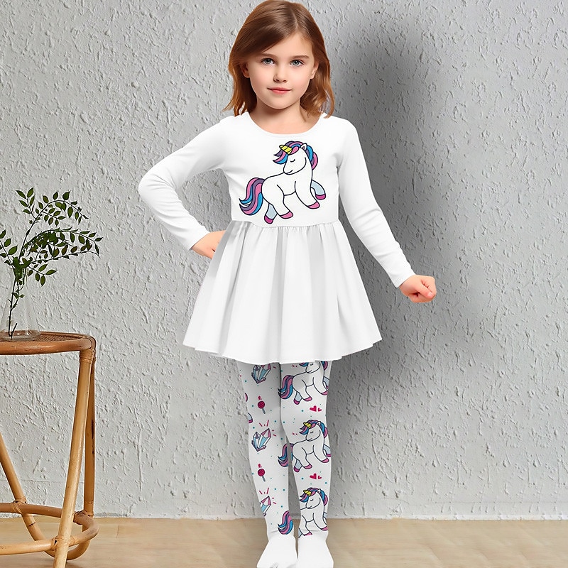 Voor meisjes 3D Eenhoorn T-shirt en legging Ruffeljurkset Lange mouw 3D-afdrukken Herfst Winter Actief Modieus Dagelijks Kinderen 3-12 jaar Buiten Vakantie Afspraakje Normale pasvorm 2025 - $19.49 -P1