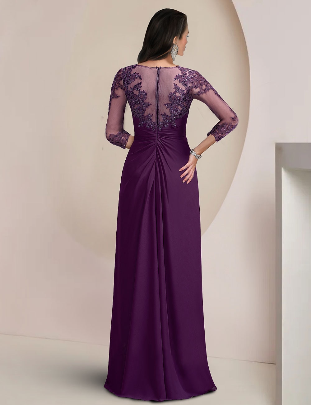 Schnitt Brautmutterkleid Formeller Hochzeitsgast Elegantes Funkeln Juwelenausschnitt Asymmetrisches Bodenlänge Chiffon Spitze 3/4-langer Ärmel mit Paillettenapplikationen kostenlose Maßanfertigung 2025 - $178.99 –P4