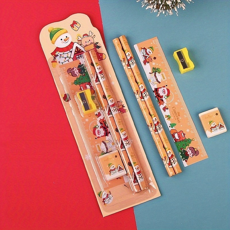 1 ensemble de combinaison de crayons de noël avec 2 crayons, 1 gomme, 1 règle, 1 taille-crayon, fournitures scolaires, cadeau de noël, outils de dessin de croquis de 2025 ? $16.99 –P6