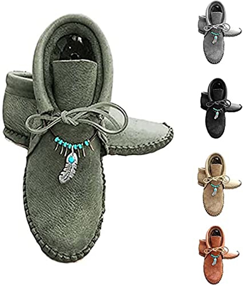 Botas femininas de cano curto mocassim de couro sintético com detalhes de penas e contas, calçados casuais confortáveis para uso ao ar livre e no dia a dia de 2025 por $42.99 –P7