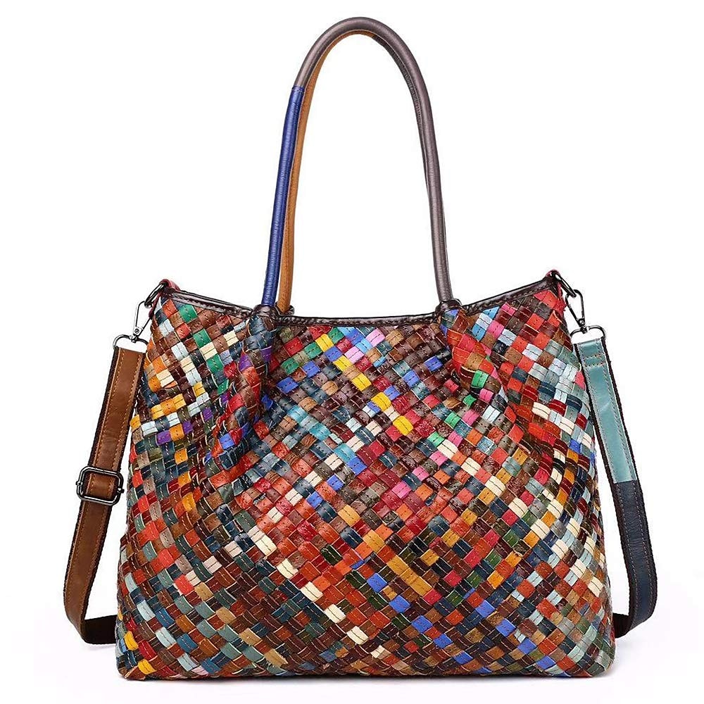 bolsa tote feminina de couro trançado multicolorido com alças duplas e estilo boho patchwork, bolsa de ombro grande para viagens, eventos de arte e uso diário casual de 2026 por $99.99 –P1