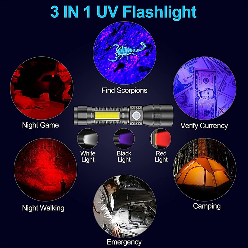2025年 uv 懐中電灯紫外線ライト多機能充電式懐中電灯ズーム可能な磁気 LED トーチ汚れ検出ブラックライト  コレクション – $32.99 –P2