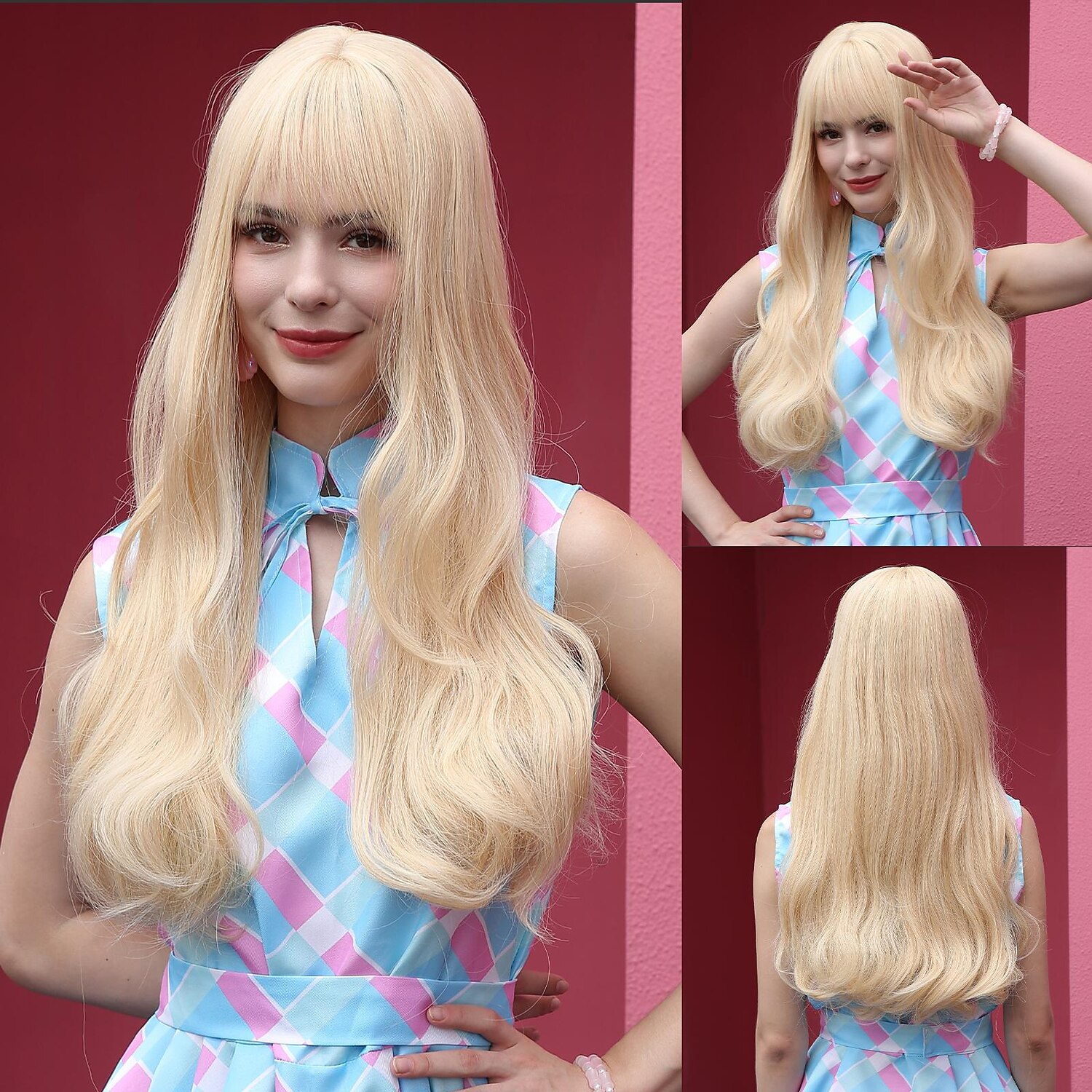 24 inch synthetische pruik damespruik blond lang golvend haar met pony mode dagelijks feest cosplay 2025 - $24.99 –P6