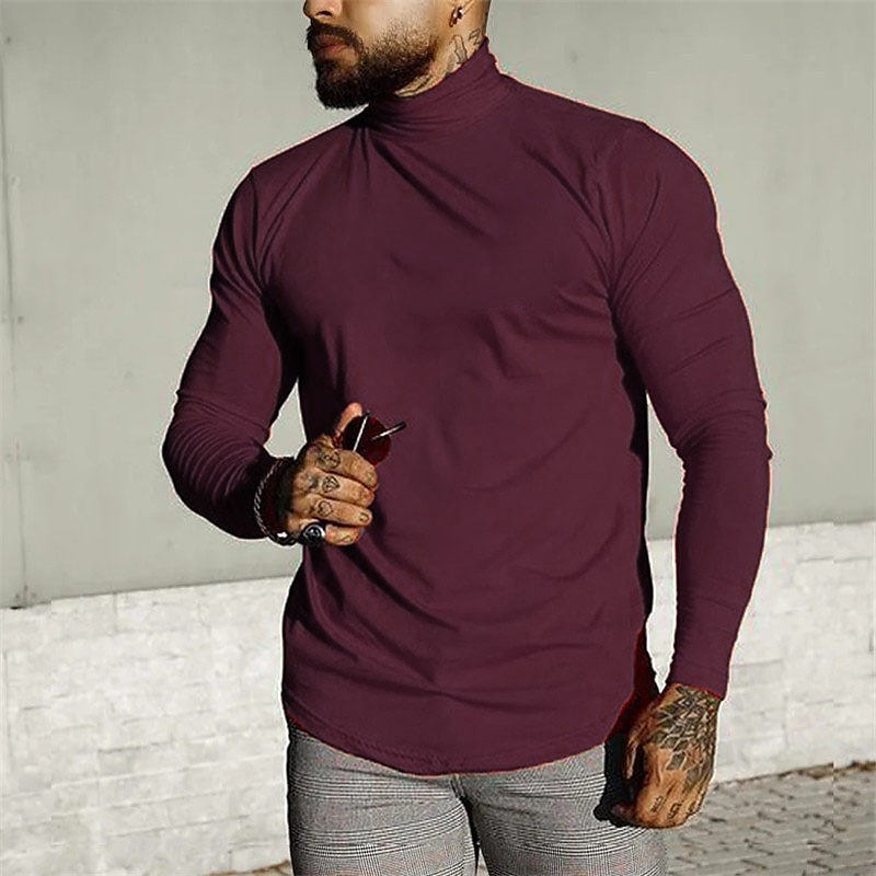 Voor heren T-shirt Coltrui Shirt met lange mouwen Lange mouw Coltrui Lente & Herfst Effen Modieus Ontwerper Basic Vakantie Straat Uitgaan Rood Top T-shirt voor mannen 2025 - $17.49 –P1