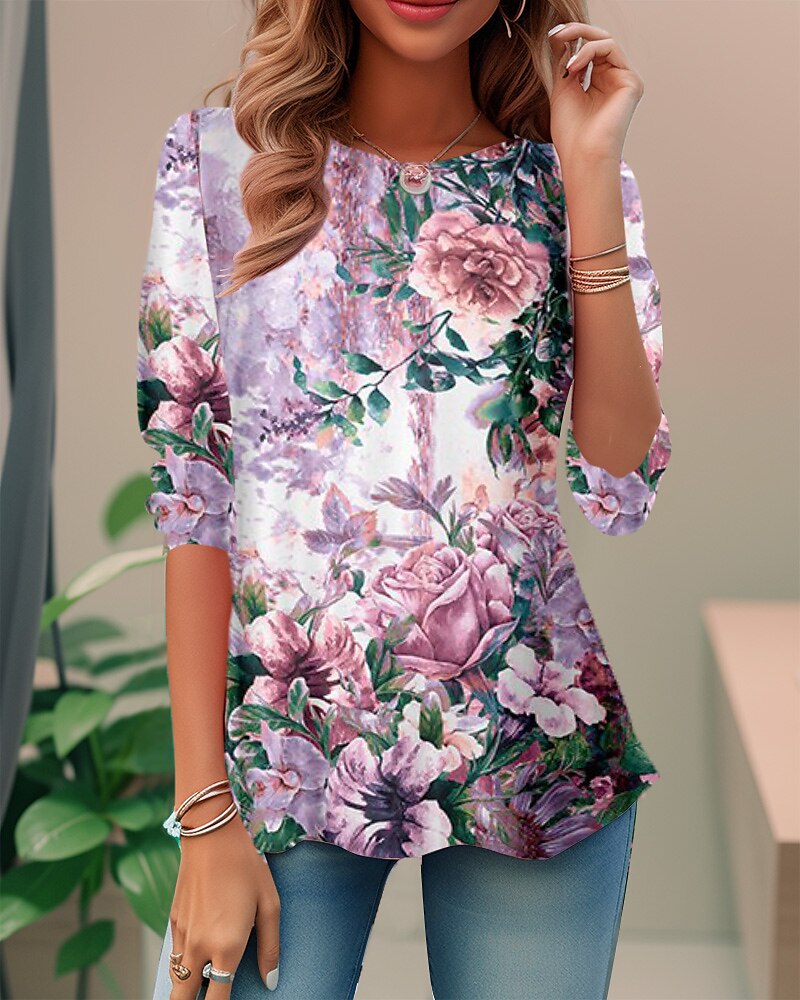 Femme T shirt Tee Floral Noir Rose Claire Rouge Imprimer manche longue Vacances Fin de semaine Mode Col Rond Standard Printemps & Automne de 2025 ? $19.99 –P3