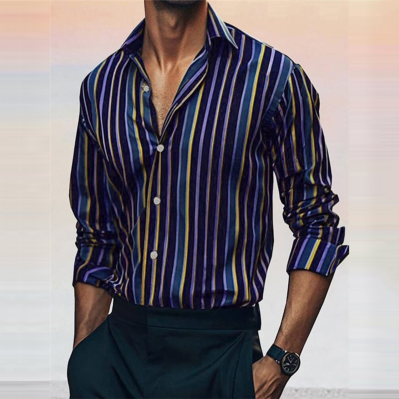Hombre Camisa camisa occidental Camisa vaquera Raya Exterior Calle Rojo Azul Morado Gris Manga Larga Cuello Vuelto Otoño invierno Ropa Botones 2026 - $27.99 –P3
