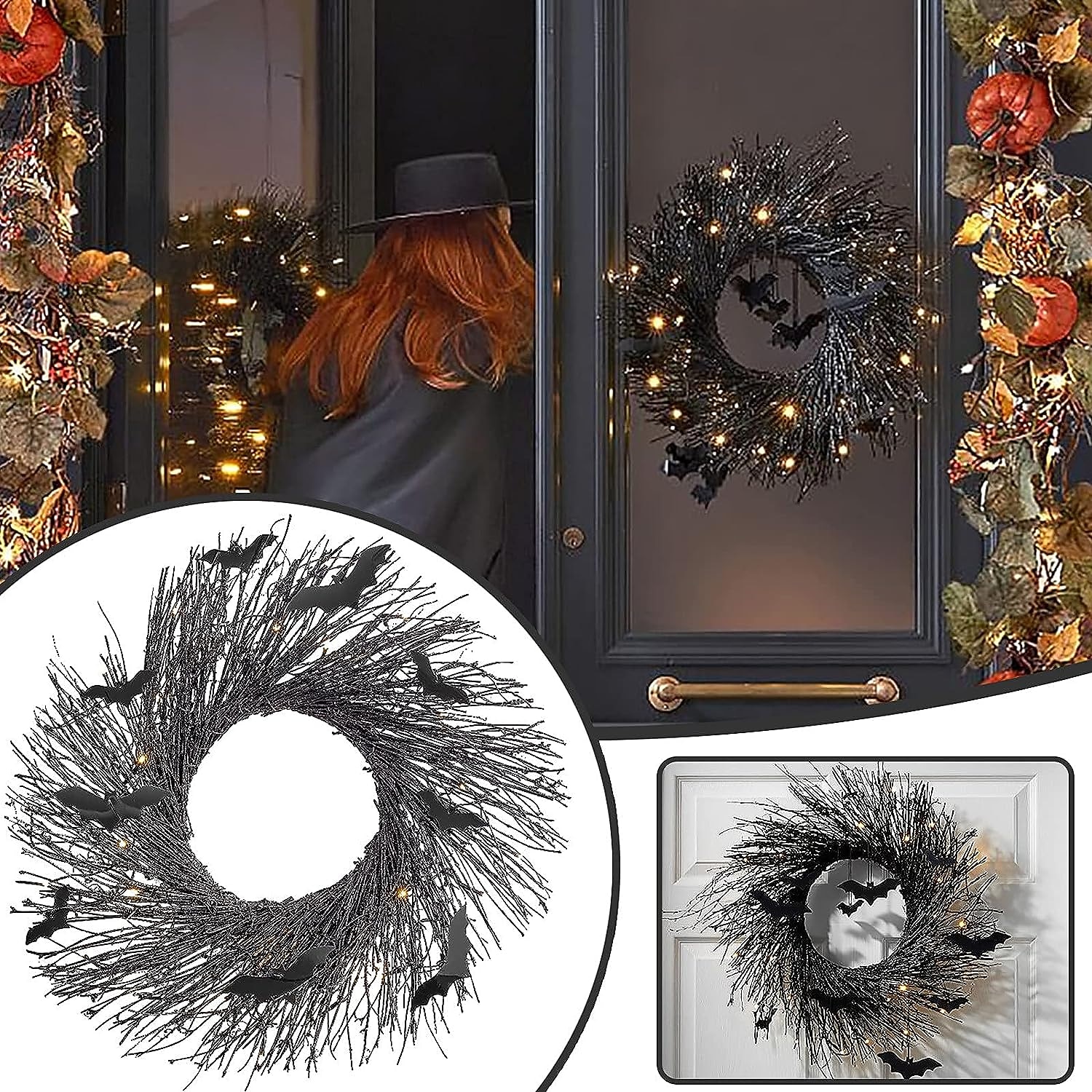 Corona de Halloween con luces coronas de Halloween preiluminadas para puerta de entrada exterior corona de puerta de Halloween negra corona iluminada decoraciones de Halloween al aire libre accesorios 2026 - $39.99 –P6