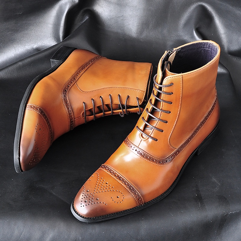 Heren bruine imitatieleren brogue enkellaarsjes – vintage veterontwerp met wingtip-details en duurzame zool voor formele en informele gelegenheden 2025 - $59.99 –P1