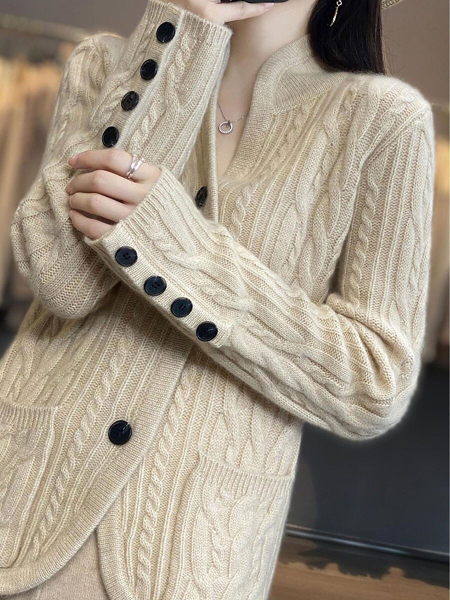 Women's Cardigan Sweater Stand Collar Cable Knit Rayon Button Pocket Fall Winter Outdoor Daily Going out Stylish Casual Soft Long Sleeve Solid Color White Brown Beige S M L 2023 - US $35.99 –P4
