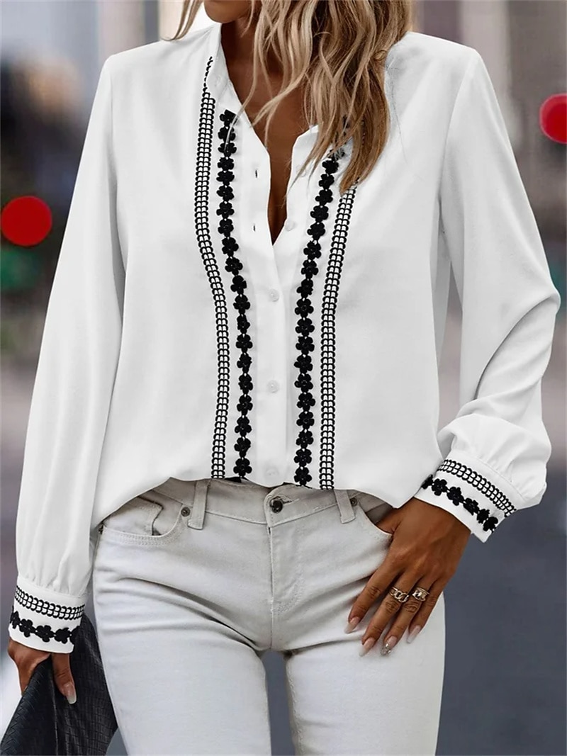 Women's Shirt Fashion Embroidered Buttons Long Sleeve Regular Tops Shirt Collar Casual Black White Pink Blue Beige Spring & Fall 2025 - $26.99 –P1