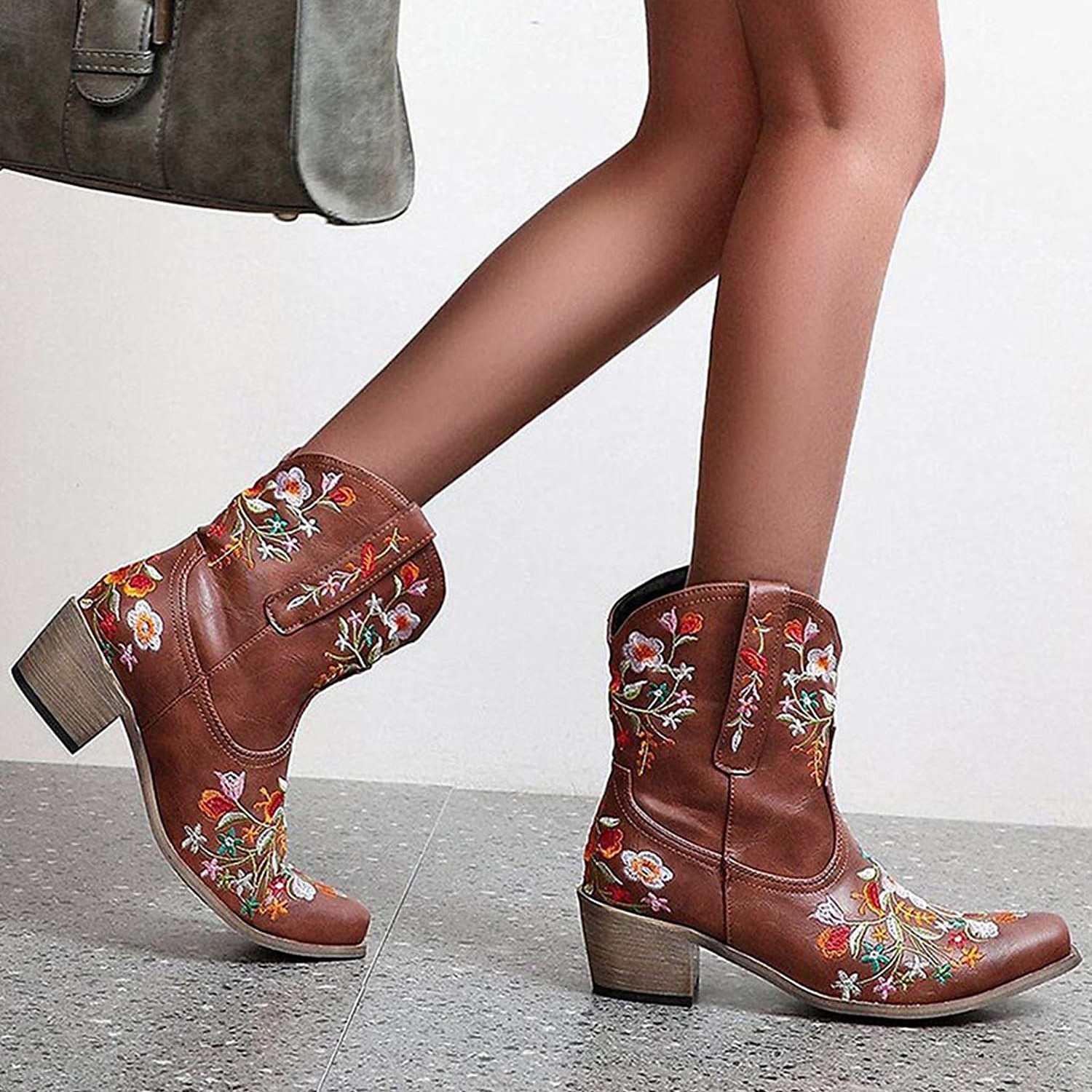 Women's Vintage Western Cowboy Boots – Floral Embroidered Faux Leather Ankle Boots for Casual and Festival Wear 2025 - $64.99 –P5