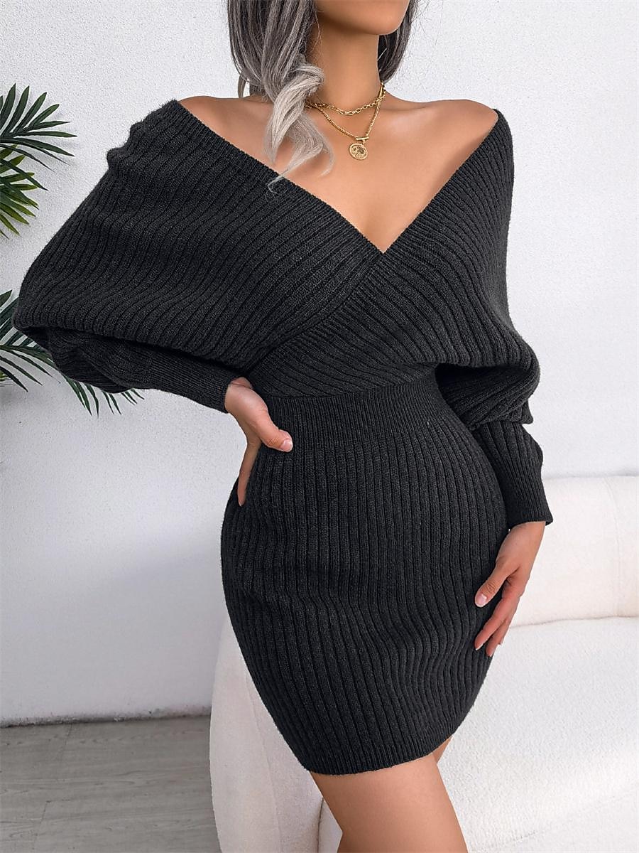 Women's Sweater Dress Jumper Dress Casual Dress Mini Dress Warm Pure Color Outdoor Casual Daily Going out Surplice Neck Long Sleeve Ruched 2023 Regular Fit Black White Blue S M L 2023 - US $27.99 –P14