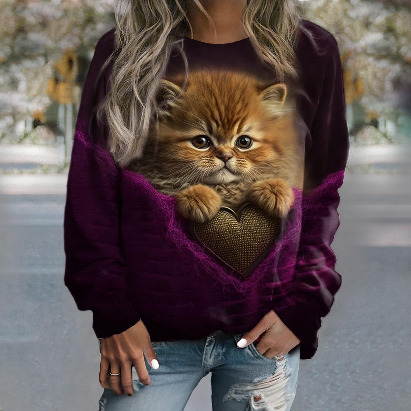 Sudadera de mujer con estampado de gato, informal, deportiva, activa, cuello redondo, manga larga, top microelástico, caída&Tejido suave, transpirable y cómodo para el invierno. 2025 - $27.99 –P4
