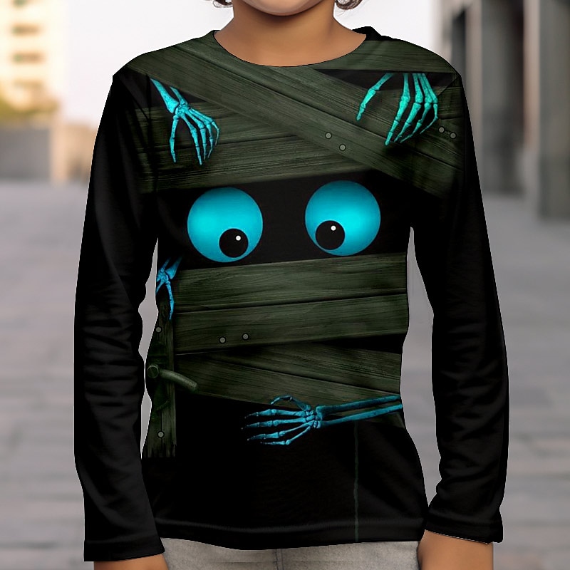 Gutt 3D Hodeskaller 3D Print T skjorte T-skjorte Langermet 3D-utskrift Høst Vinter Sport Mote Gatemote Barn 3-12 år utendørs Halloween Normal 2025 - $13.99 –P8